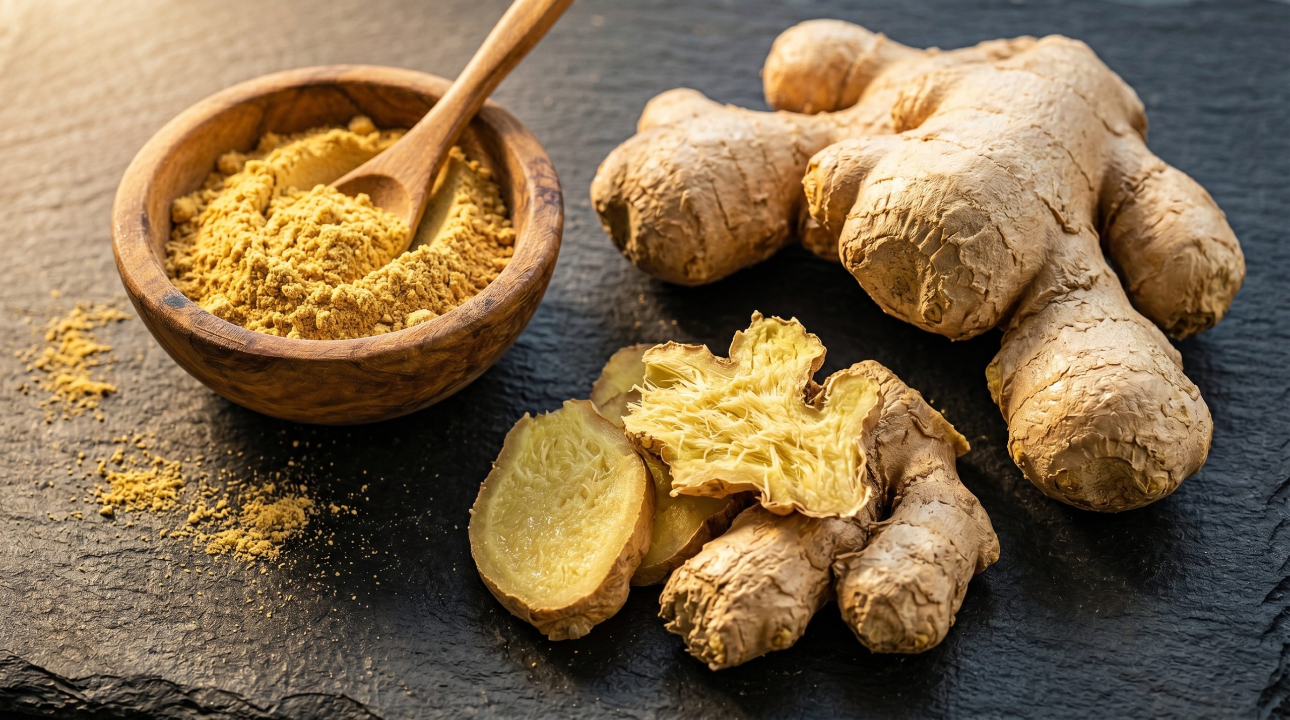 Fresh ginger root sliced open