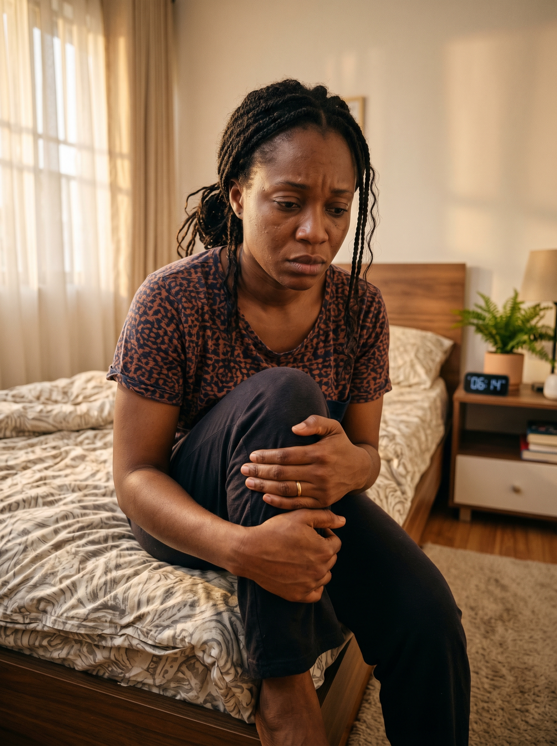 Young woman holding her knee in pain early morning