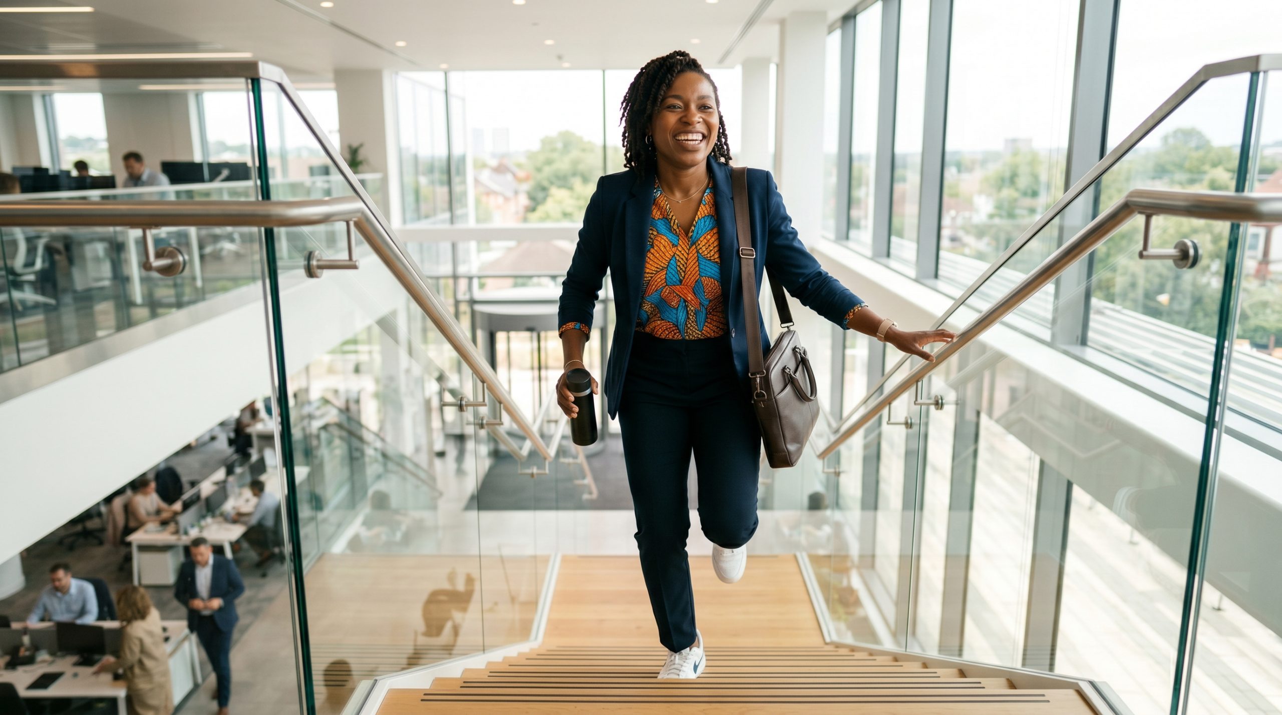 Young woman confidently climbing stairs pain free